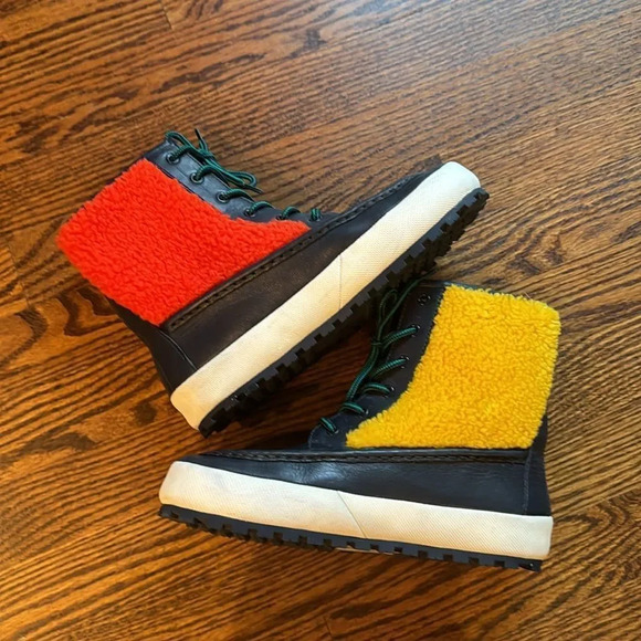 Tory Burch black leather & colorblock fleece yellow/blue/green/red/orange boots - Picture 3 of 10